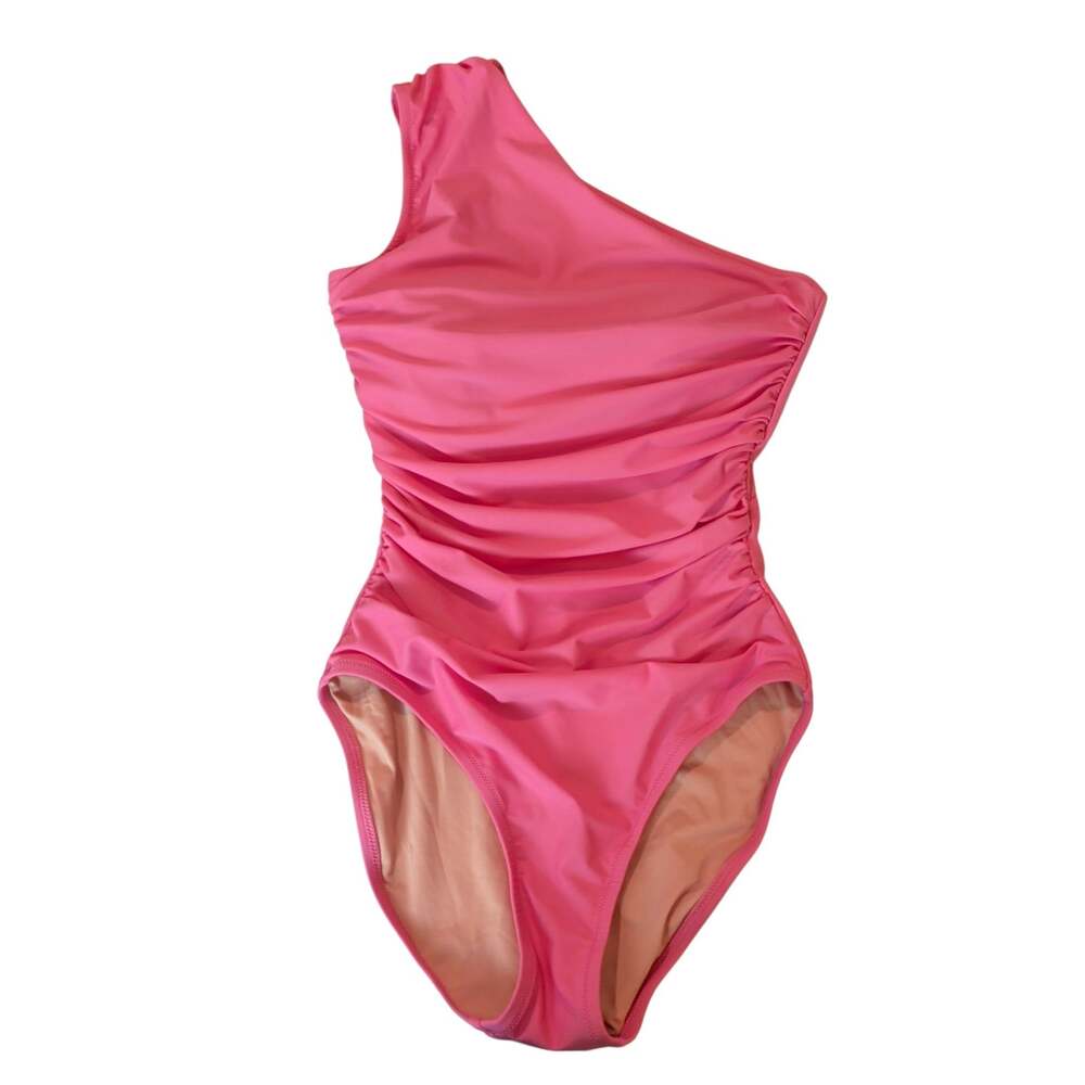 J Crew Sz 6 Pink Ruched One Piece One Shoulder Swimsuit Flattering Slimming